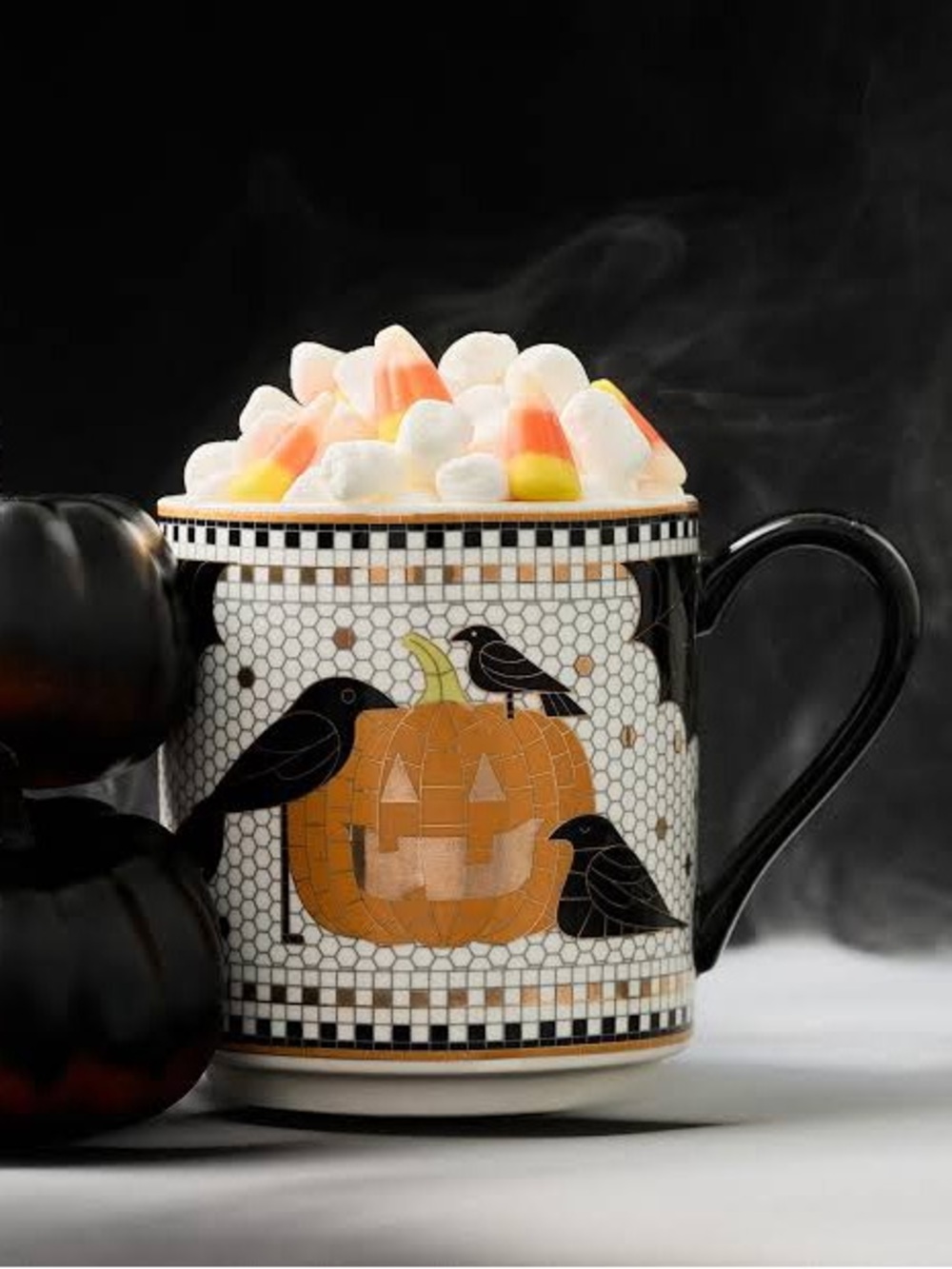 Anthropologie Bistro Tile Halloween Mug Cup Pumpkin Crows N